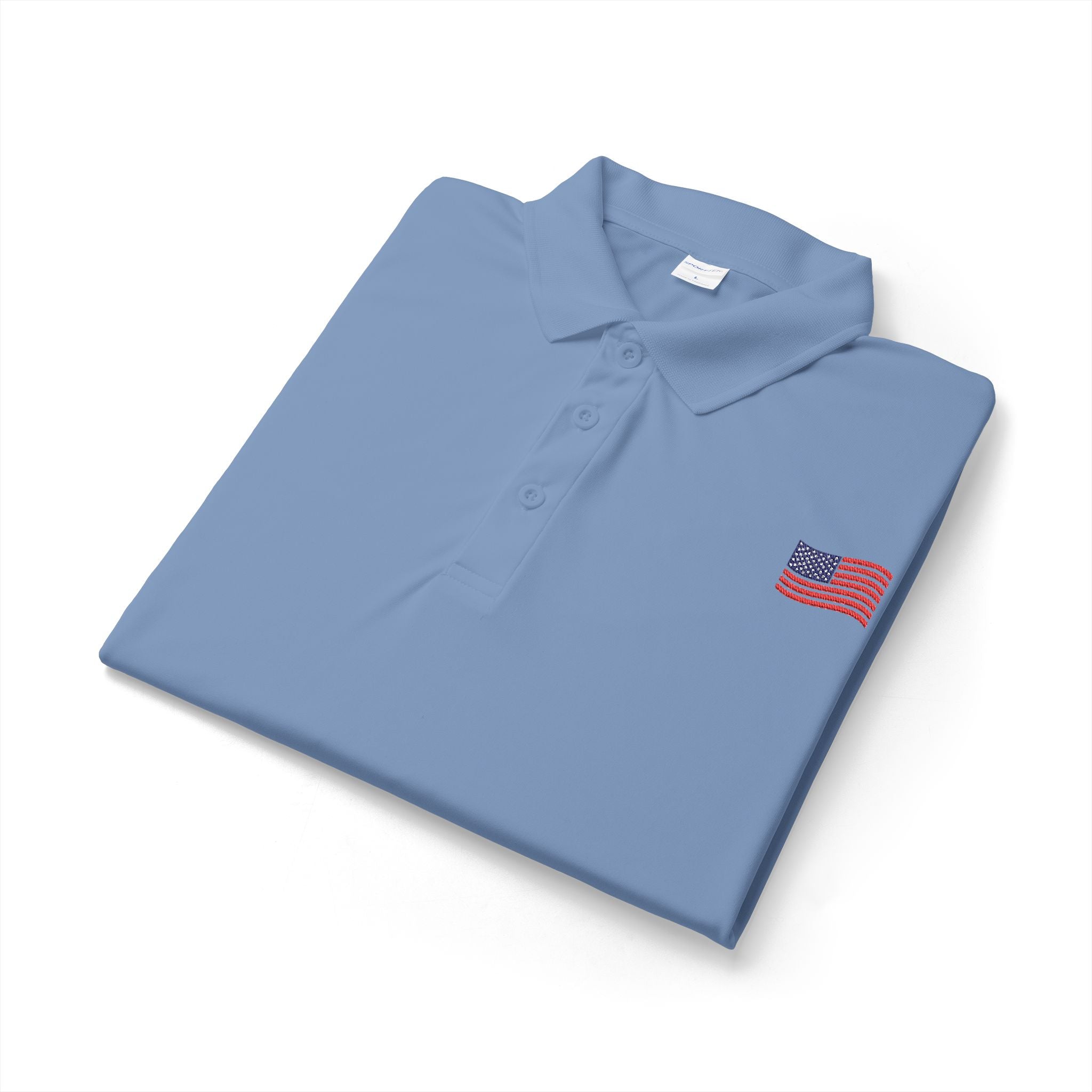 White Polo Shirt with Small American Flag Embroidery — Patriotic Performance Polo