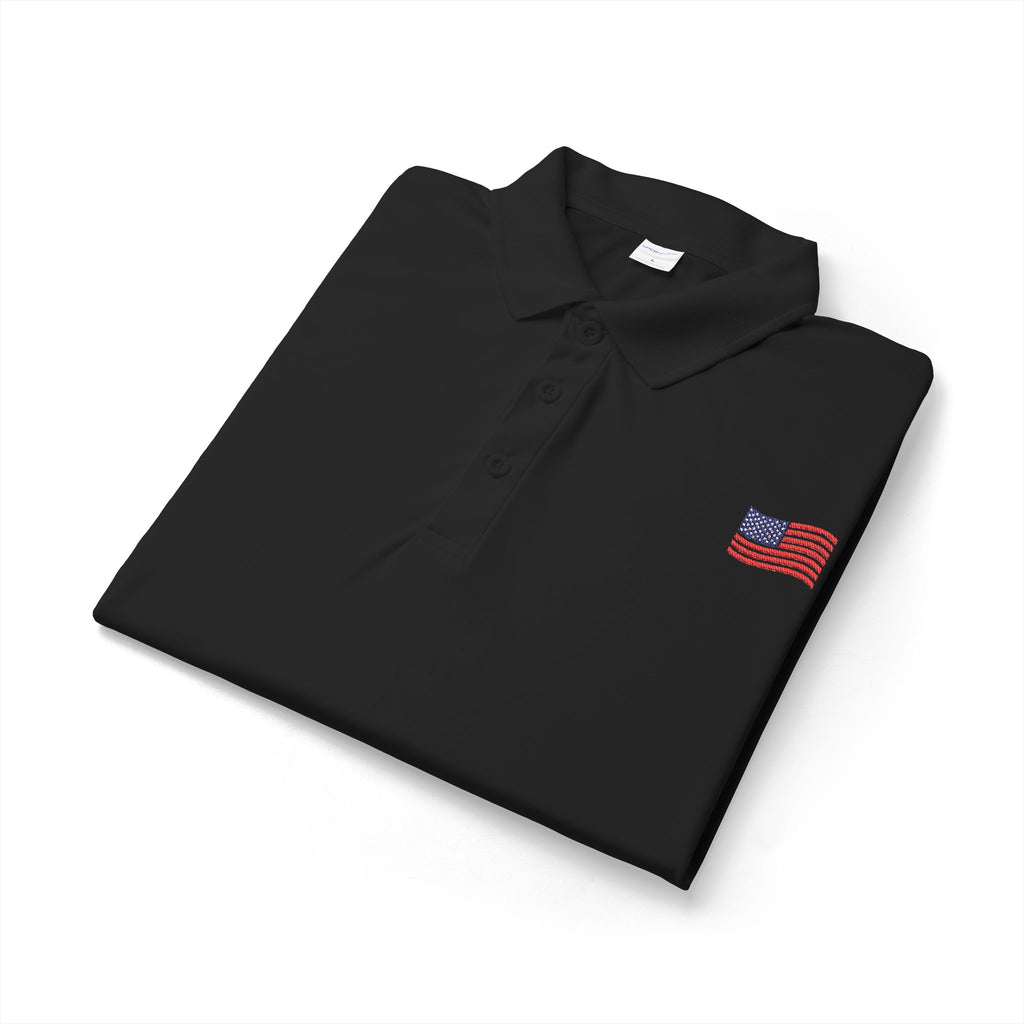 White Polo Shirt with Small American Flag Embroidery — Patriotic Performance Polo