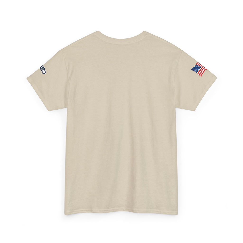 Suzuki Logo White Tee — Small Chest Emblem with American Flag Sleeve