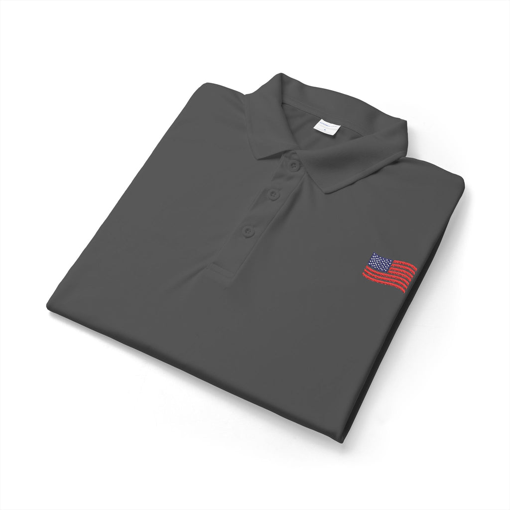 White Polo Shirt with Small American Flag Embroidery — Patriotic Performance Polo
