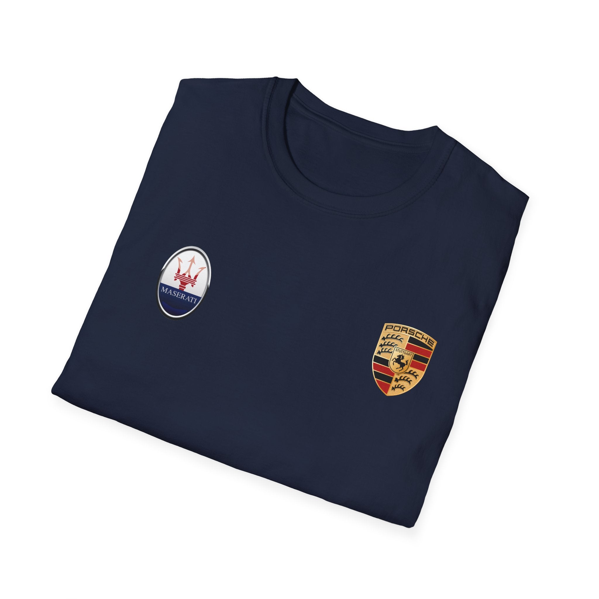 Car Crest Tee — Minimal Porsche & Maserati Badge Graphic T-Shirt