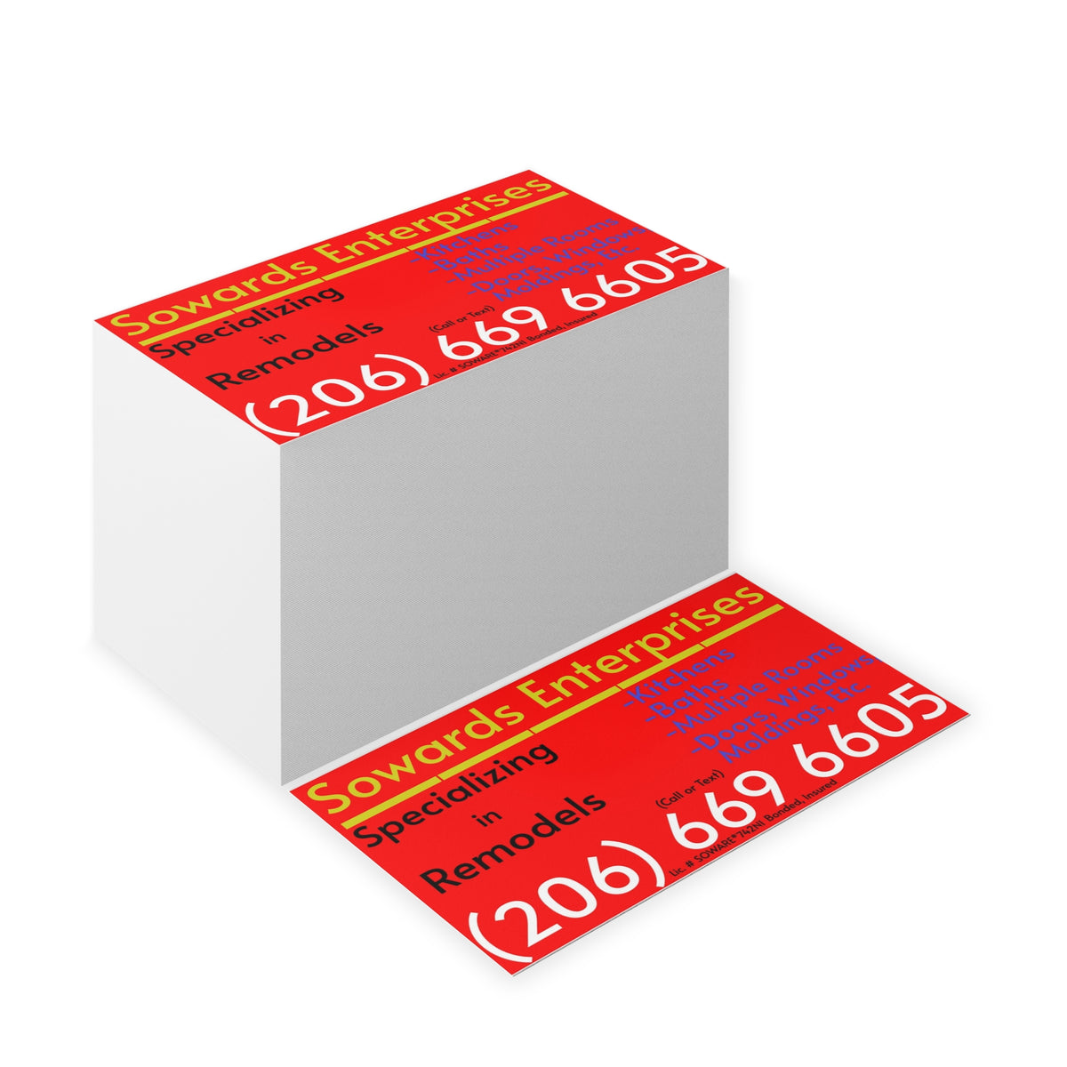 Red & Yellow Remodeling Business Cards — Sowards Enterprises (206-669-6605)