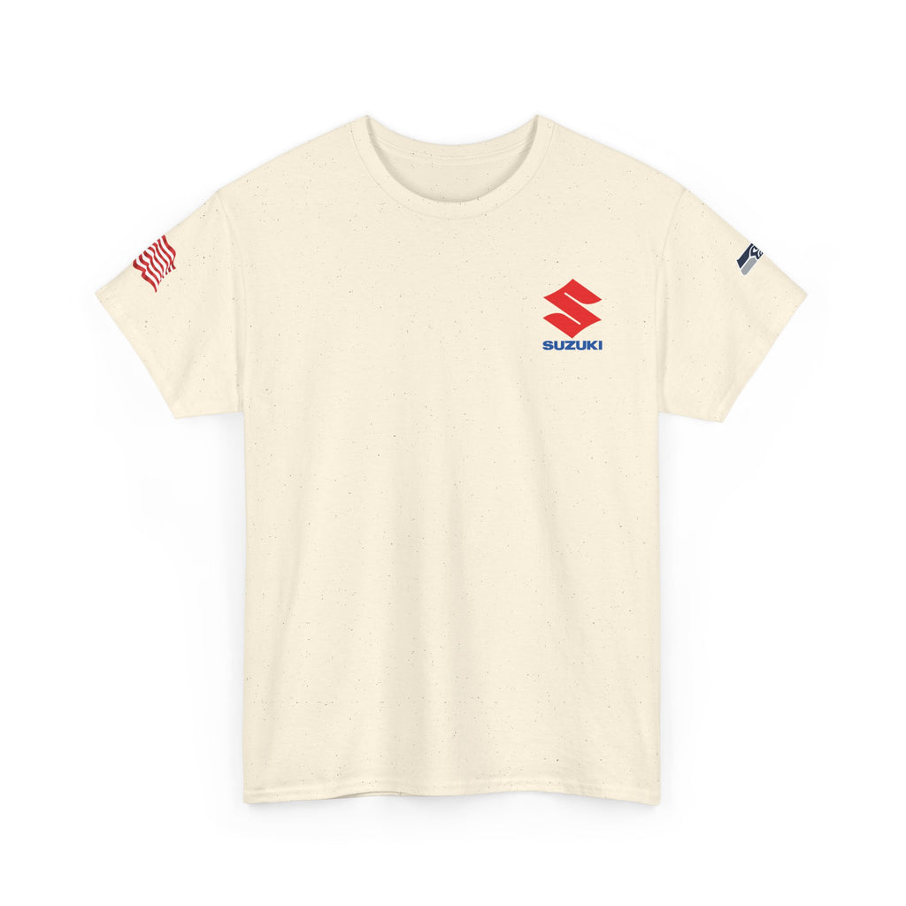 Suzuki Logo White Tee — Small Chest Emblem with American Flag Sleeve