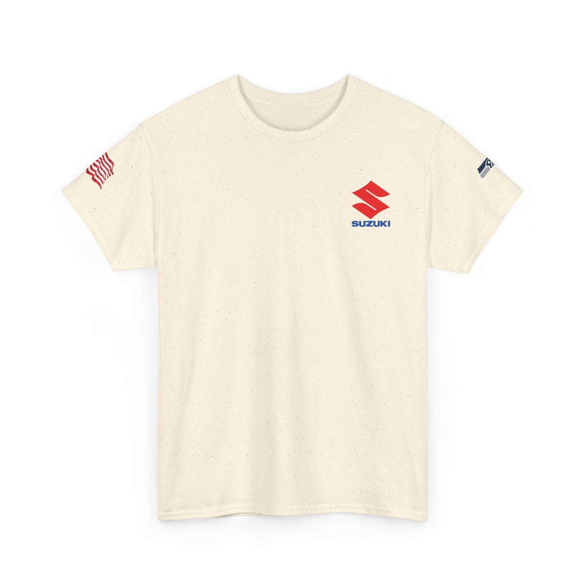 Suzuki Logo White Tee — Small Chest Emblem with American Flag Sleeve