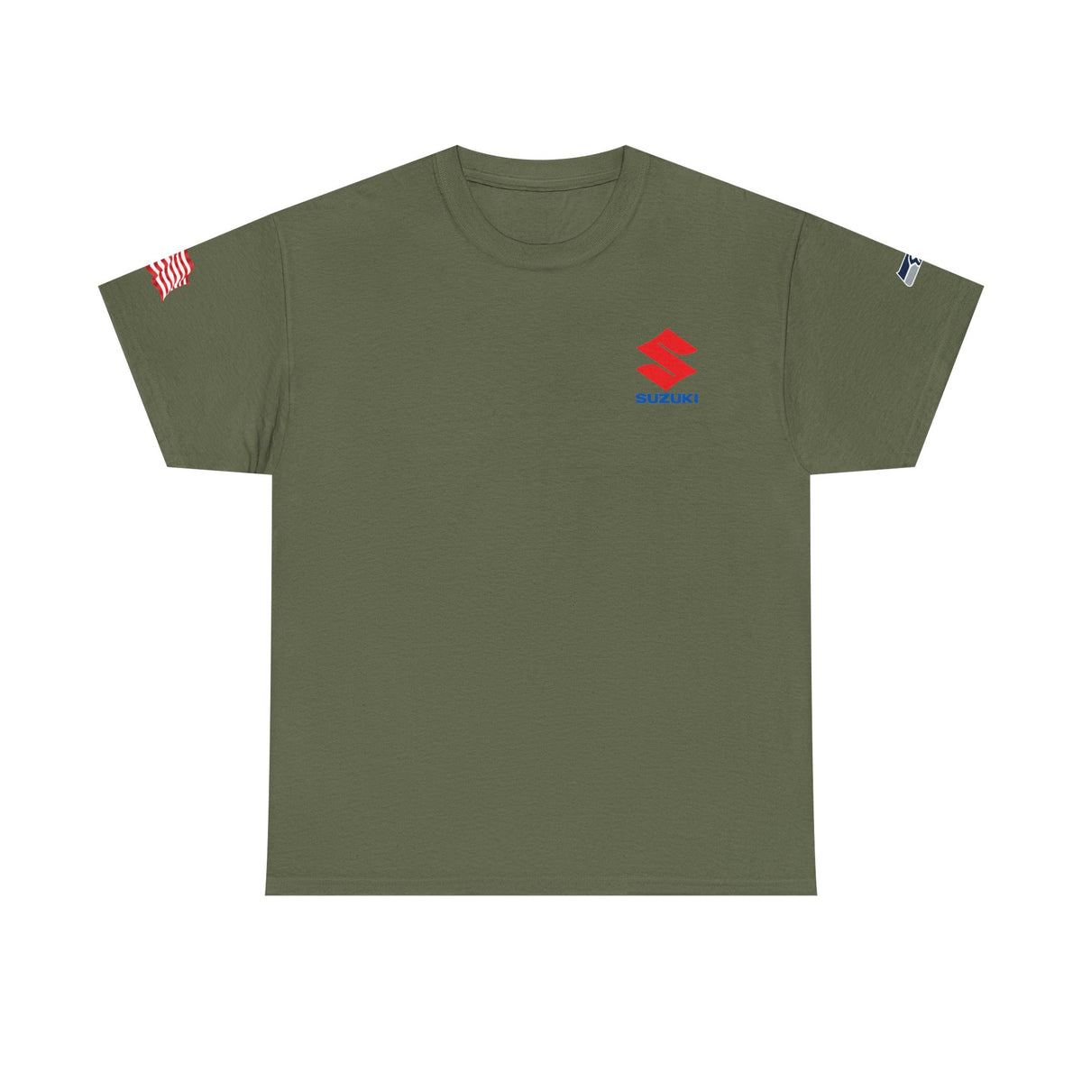 Suzuki Logo White Tee — Small Chest Emblem with American Flag Sleeve