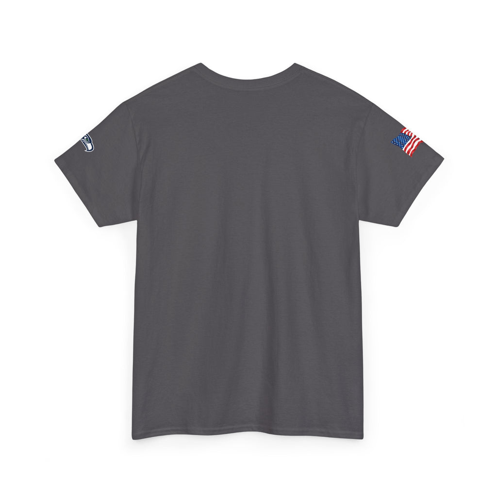 Suzuki Logo White Tee — Small Chest Emblem with American Flag Sleeve