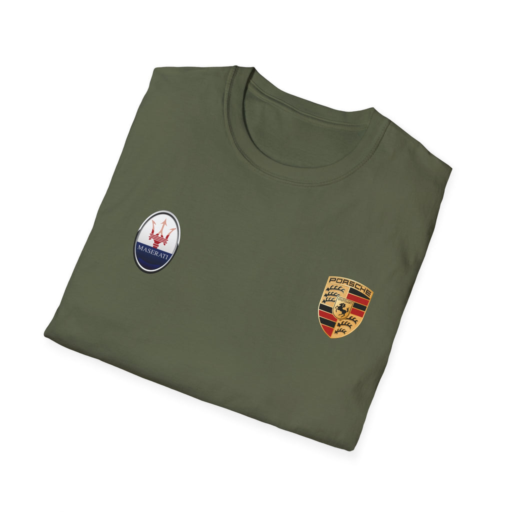 Car Crest Tee — Minimal Porsche & Maserati Badge Graphic T-Shirt