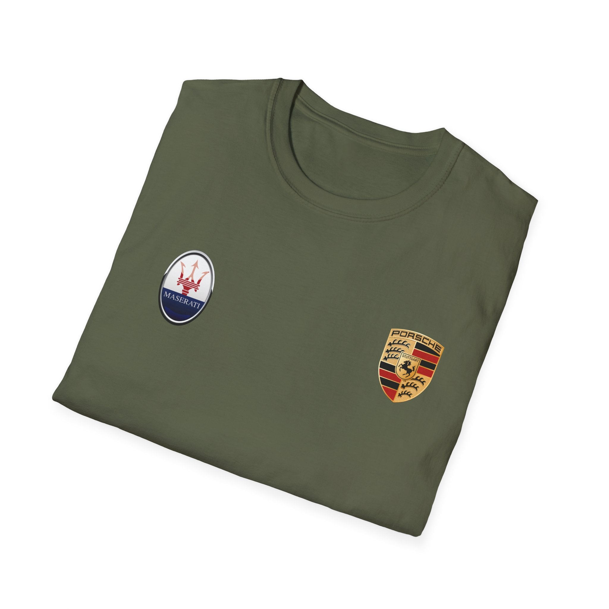 Car Crest Tee — Minimal Porsche & Maserati Badge Graphic T-Shirt