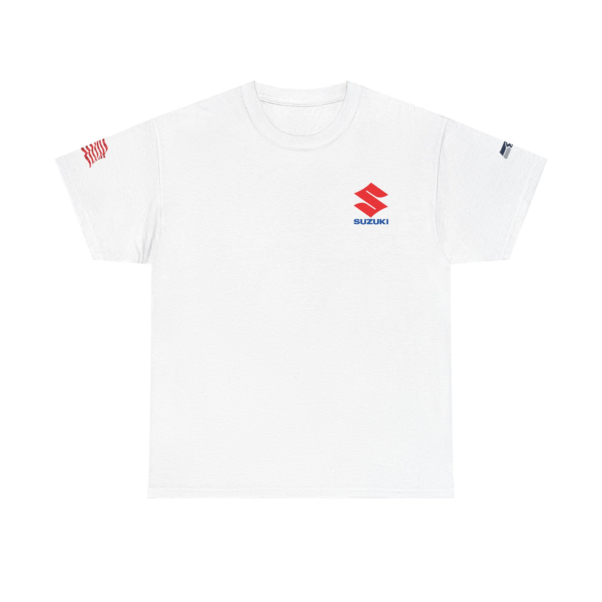Suzuki Logo White Tee — Small Chest Emblem with American Flag Sleeve