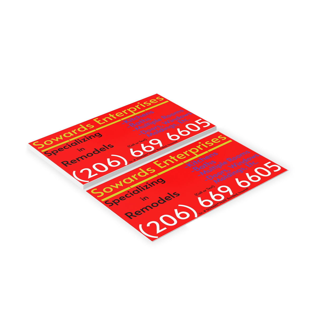 Red & Yellow Remodeling Business Cards — Sowards Enterprises (206-669-6605)