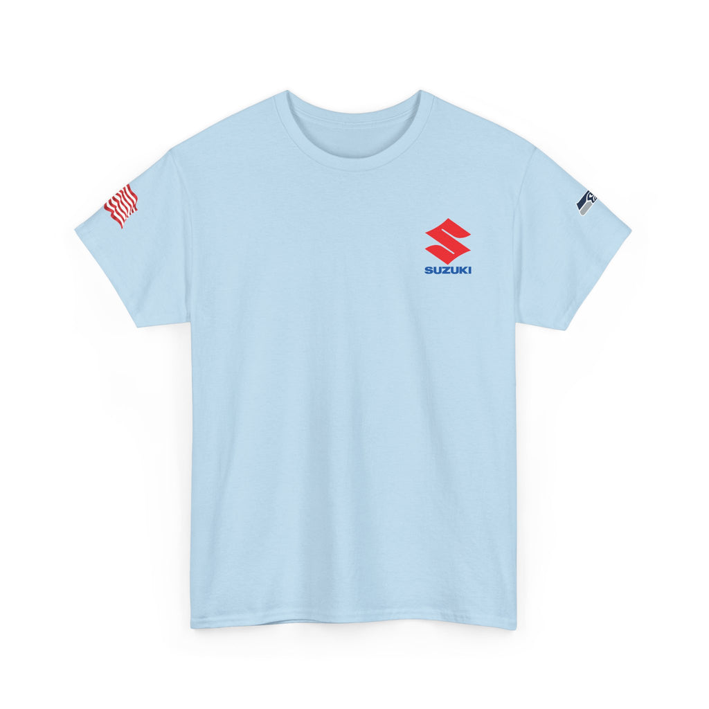Suzuki Logo White Tee — Small Chest Emblem with American Flag Sleeve