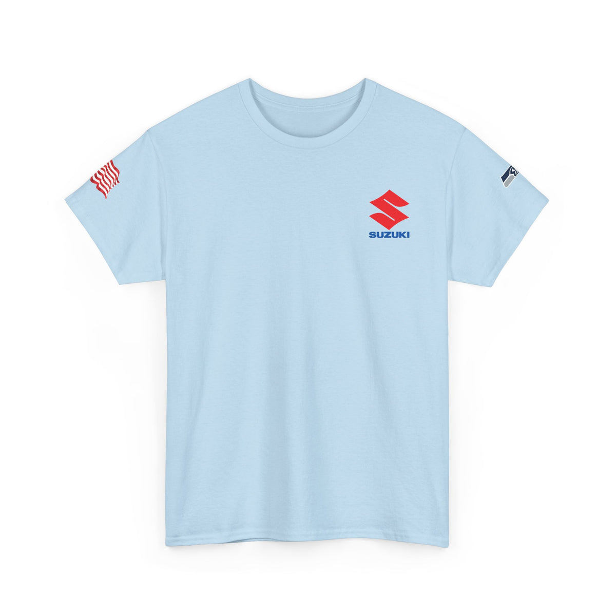 Suzuki Logo White Tee — Small Chest Emblem with American Flag Sleeve