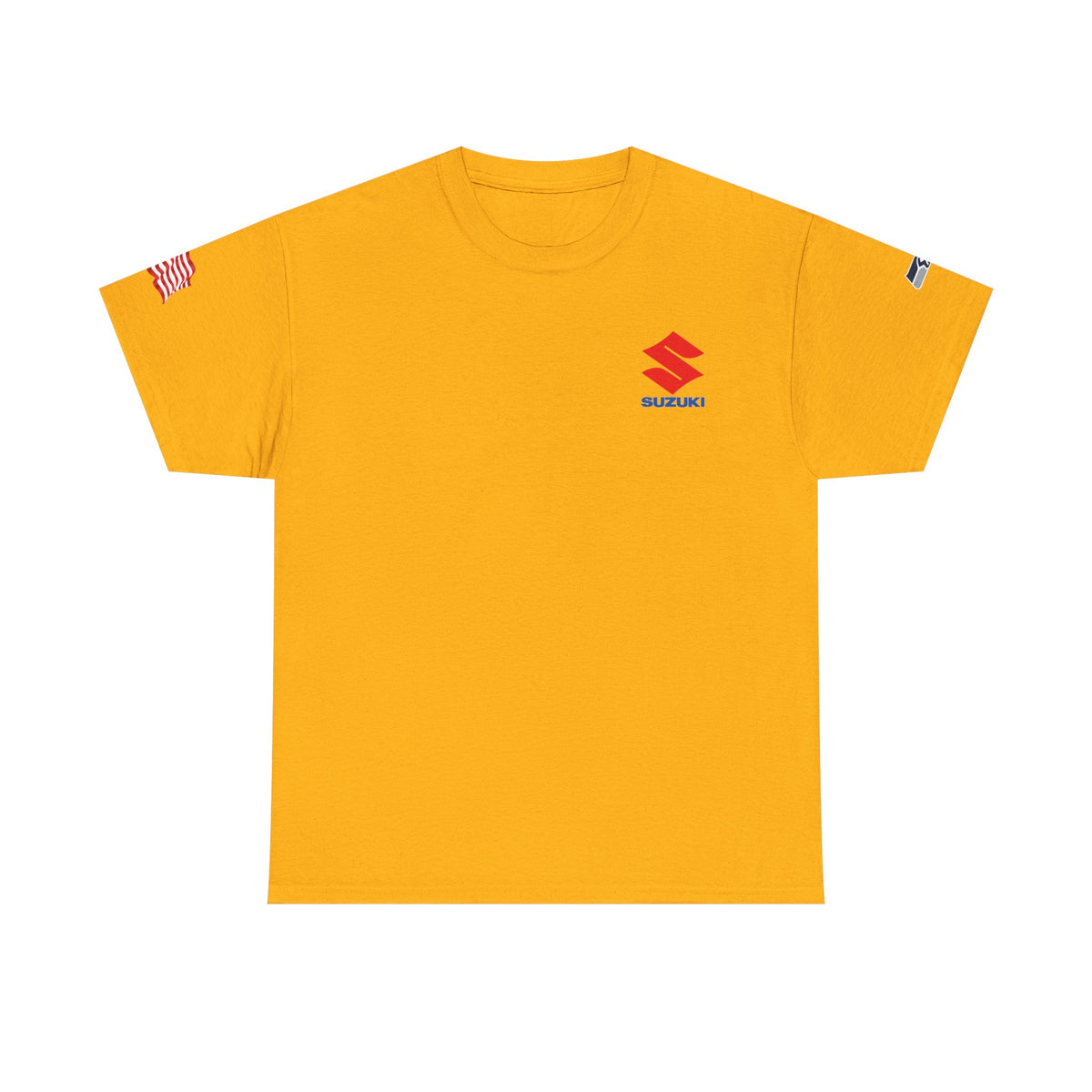 Suzuki Logo White Tee — Small Chest Emblem with American Flag Sleeve