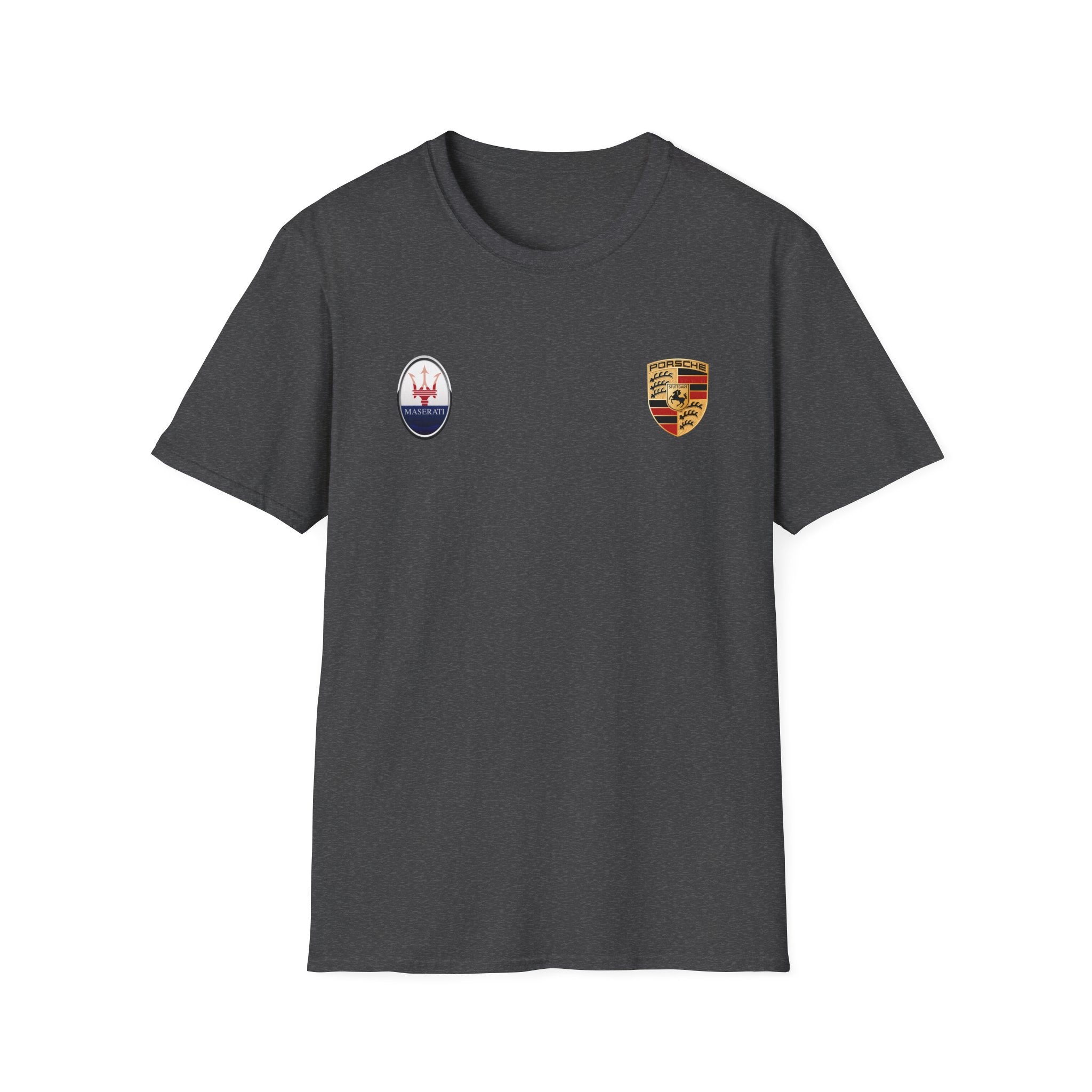 Car Crest Tee — Minimal Porsche & Maserati Badge Graphic T-Shirt
