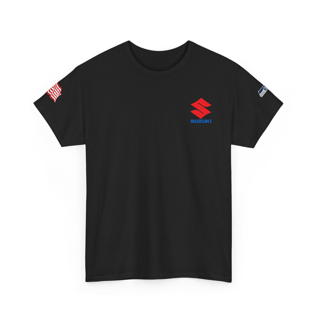 Suzuki Logo White Tee — Small Chest Emblem with American Flag Sleeve