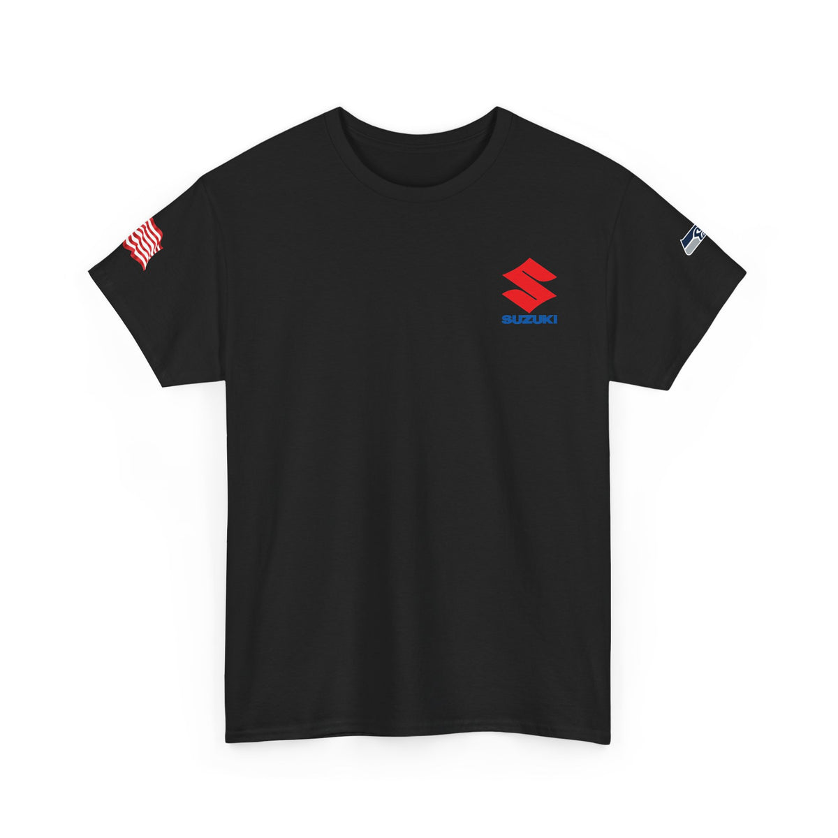 Suzuki Logo White Tee — Small Chest Emblem with American Flag Sleeve