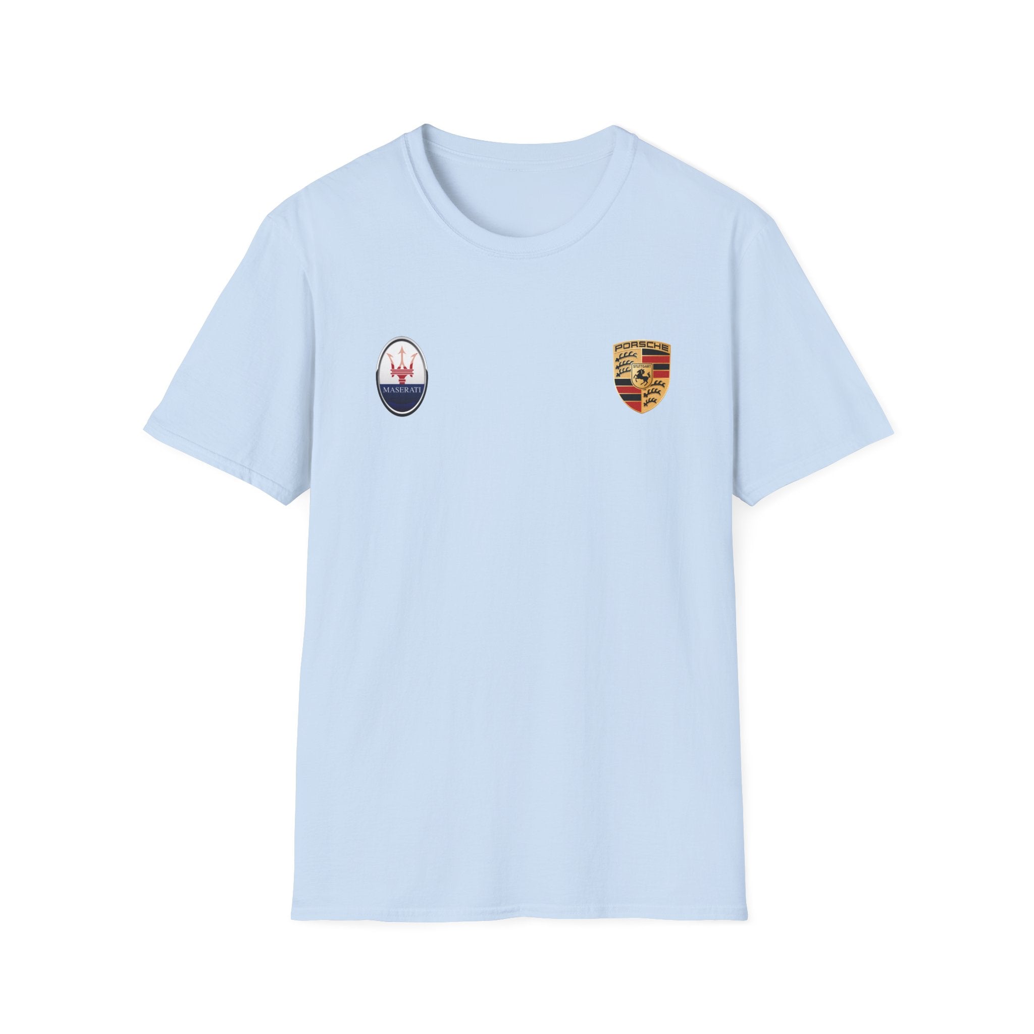 Car Crest Tee — Minimal Porsche & Maserati Badge Graphic T-Shirt