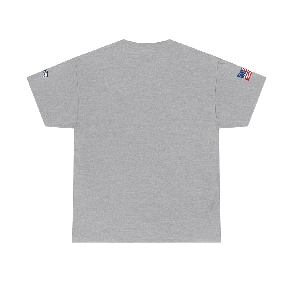 Suzuki Logo White Tee — Small Chest Emblem with American Flag Sleeve