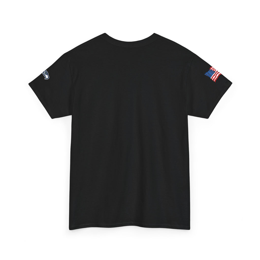 Suzuki Logo White Tee — Small Chest Emblem with American Flag Sleeve