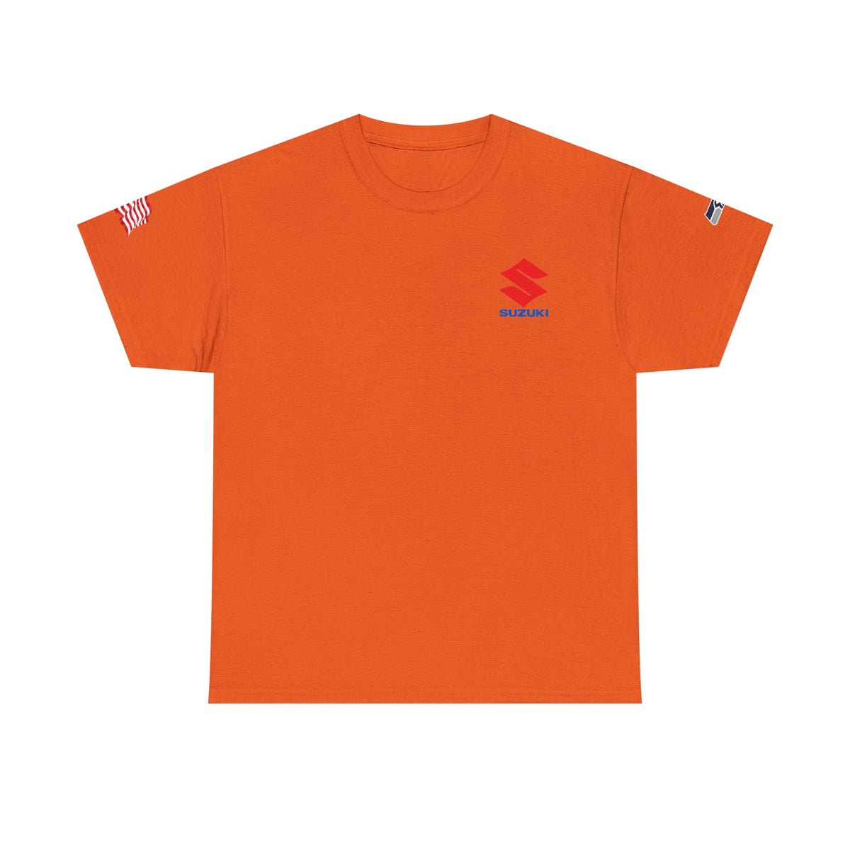 Suzuki Logo White Tee — Small Chest Emblem with American Flag Sleeve