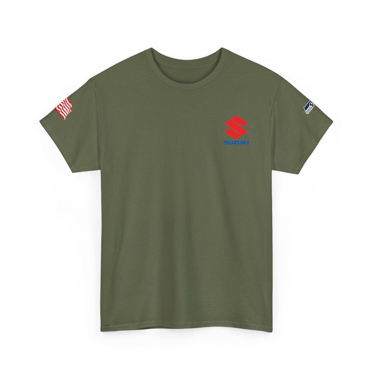 Suzuki Logo White Tee — Small Chest Emblem with American Flag Sleeve