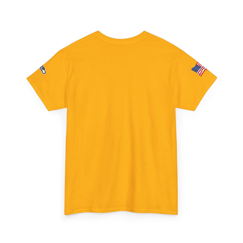 Suzuki Logo White Tee — Small Chest Emblem with American Flag Sleeve