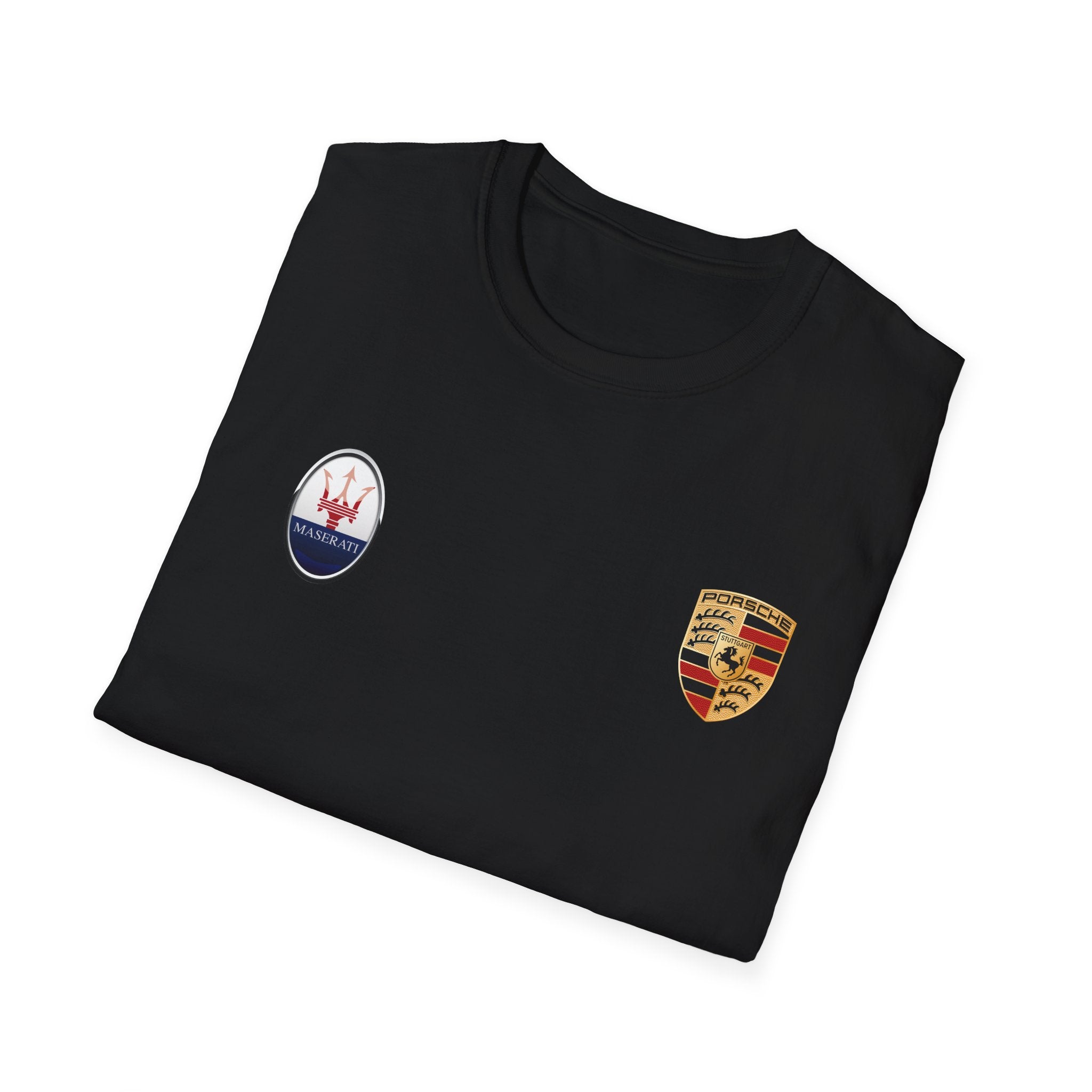 Car Crest Tee — Minimal Porsche & Maserati Badge Graphic T-Shirt