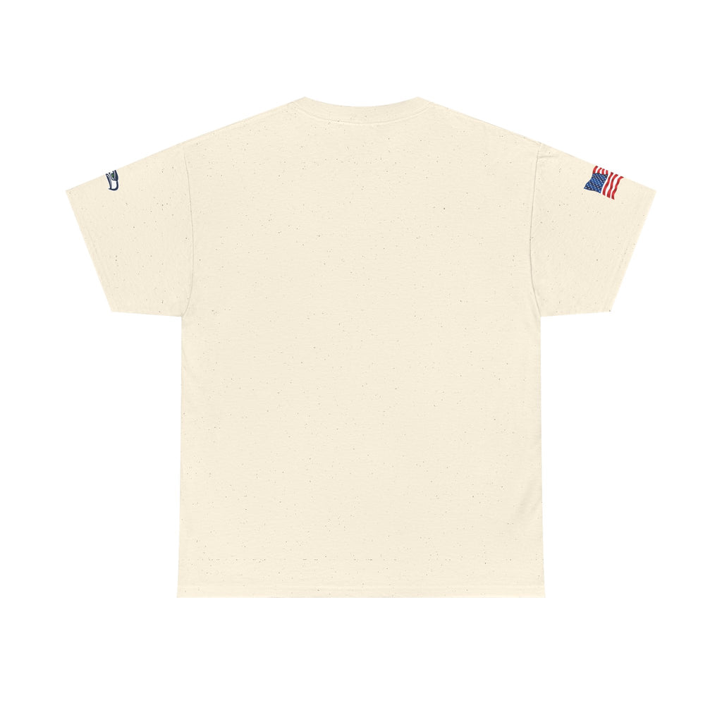 Suzuki Logo White Tee — Small Chest Emblem with American Flag Sleeve