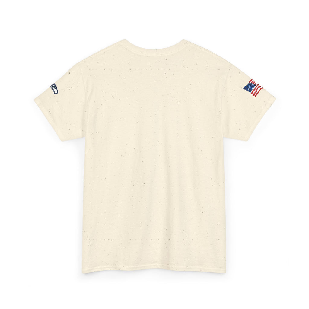 Suzuki Logo White Tee — Small Chest Emblem with American Flag Sleeve