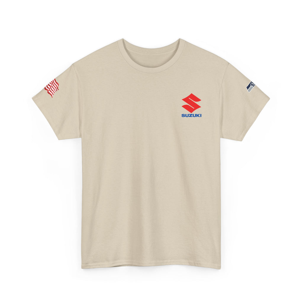 Suzuki Logo White Tee — Small Chest Emblem with American Flag Sleeve