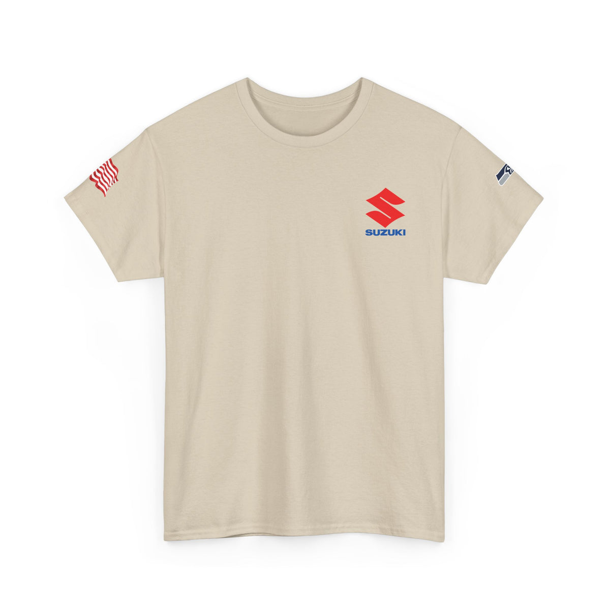 Suzuki Logo White Tee — Small Chest Emblem with American Flag Sleeve