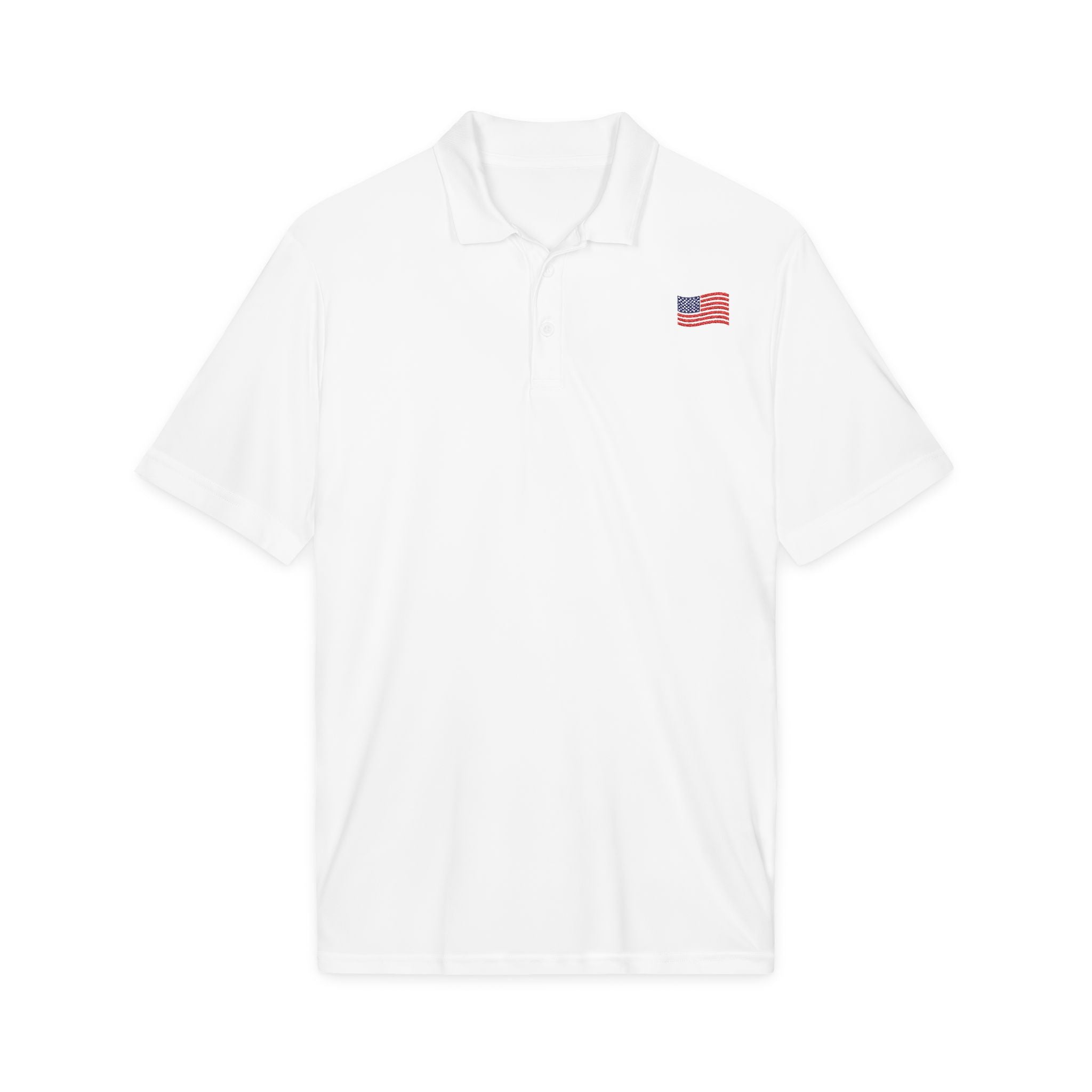 White Polo Shirt with Small American Flag Embroidery — Patriotic Performance Polo