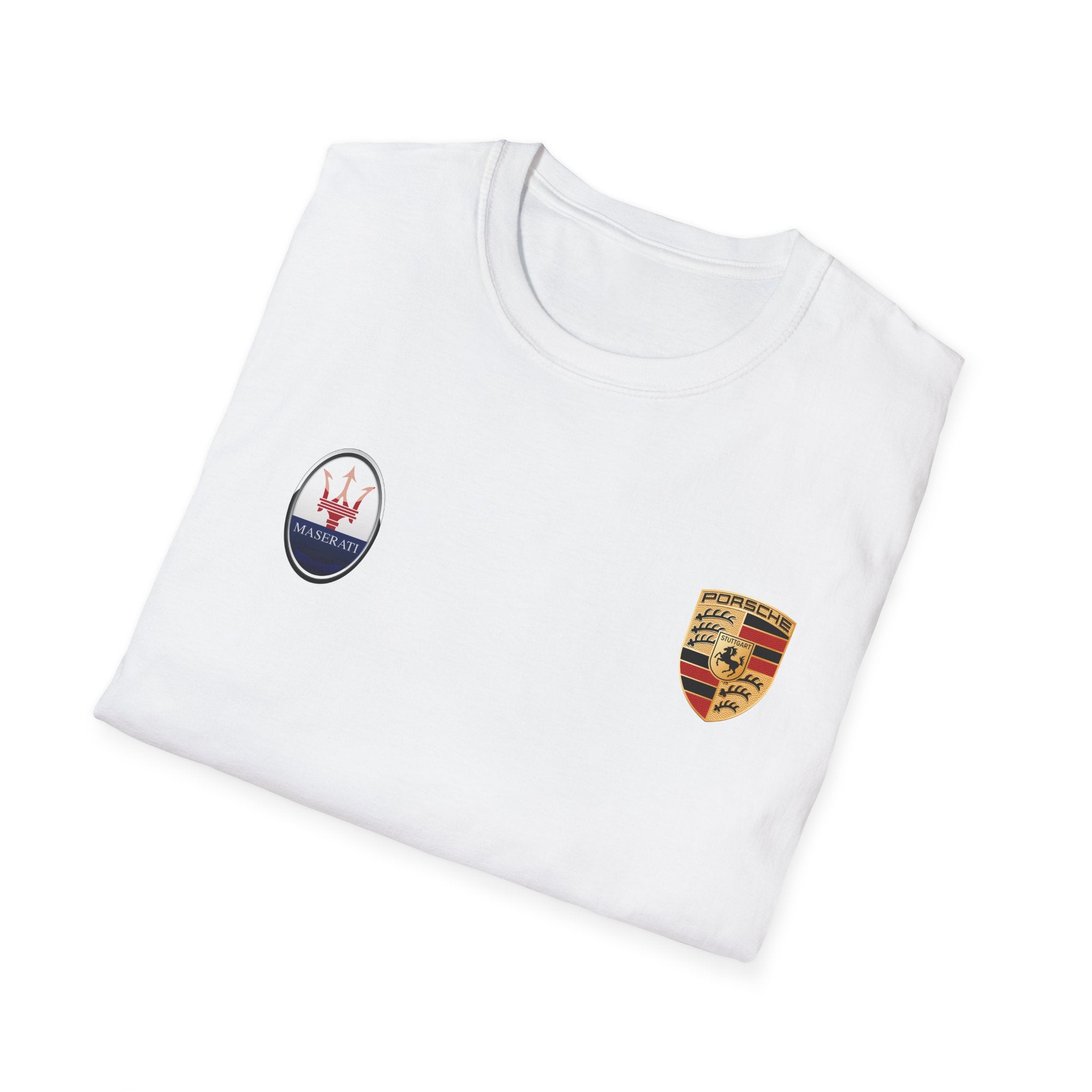 Car Crest Tee — Minimal Porsche & Maserati Badge Graphic T-Shirt