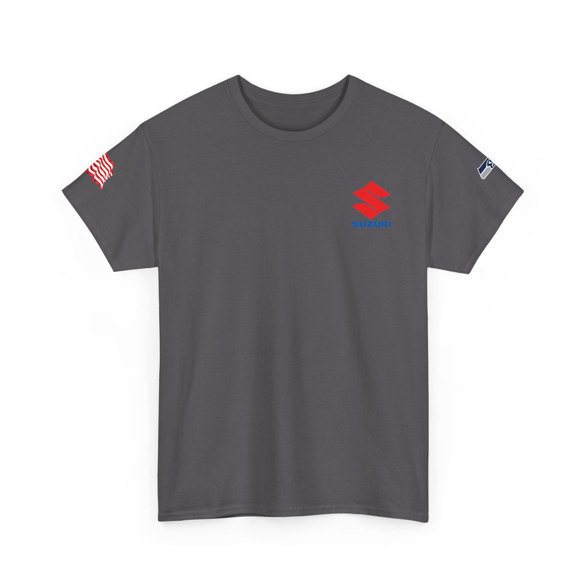 Suzuki Logo White Tee — Small Chest Emblem with American Flag Sleeve