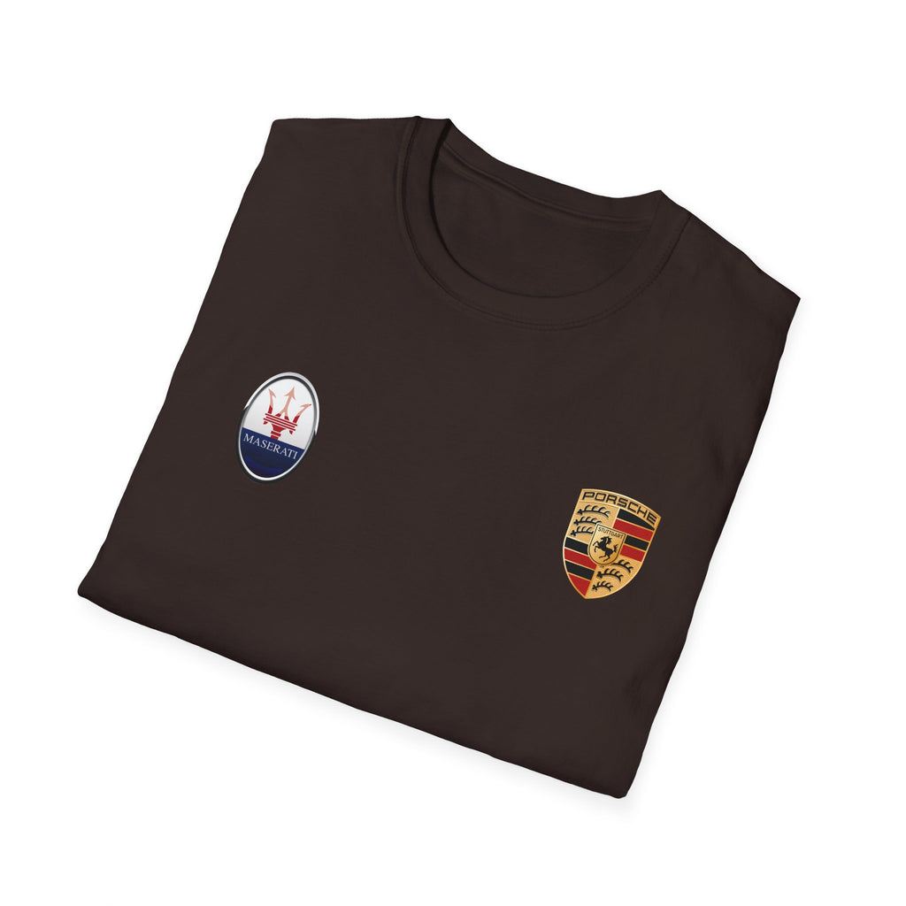 Car Crest Tee — Minimal Porsche & Maserati Badge Graphic T-Shirt