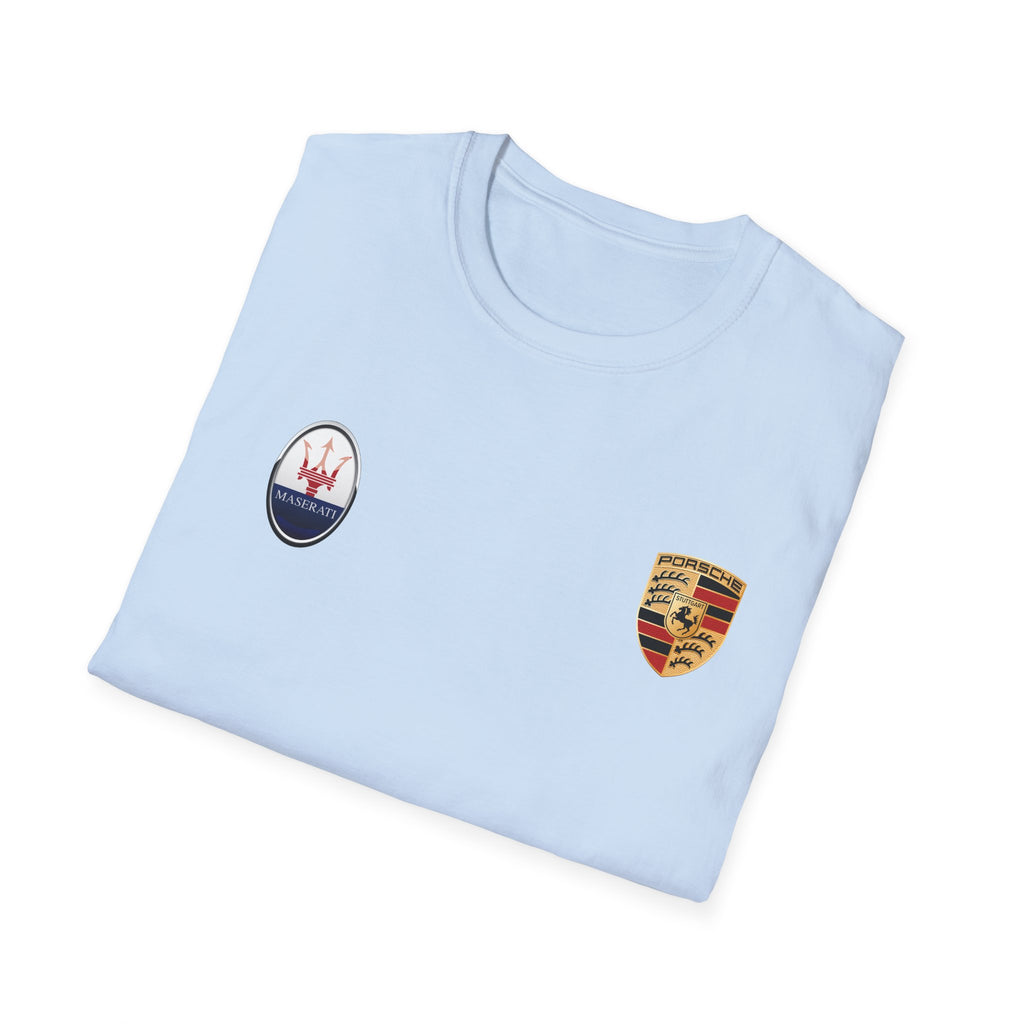 Car Crest Tee — Minimal Porsche & Maserati Badge Graphic T-Shirt
