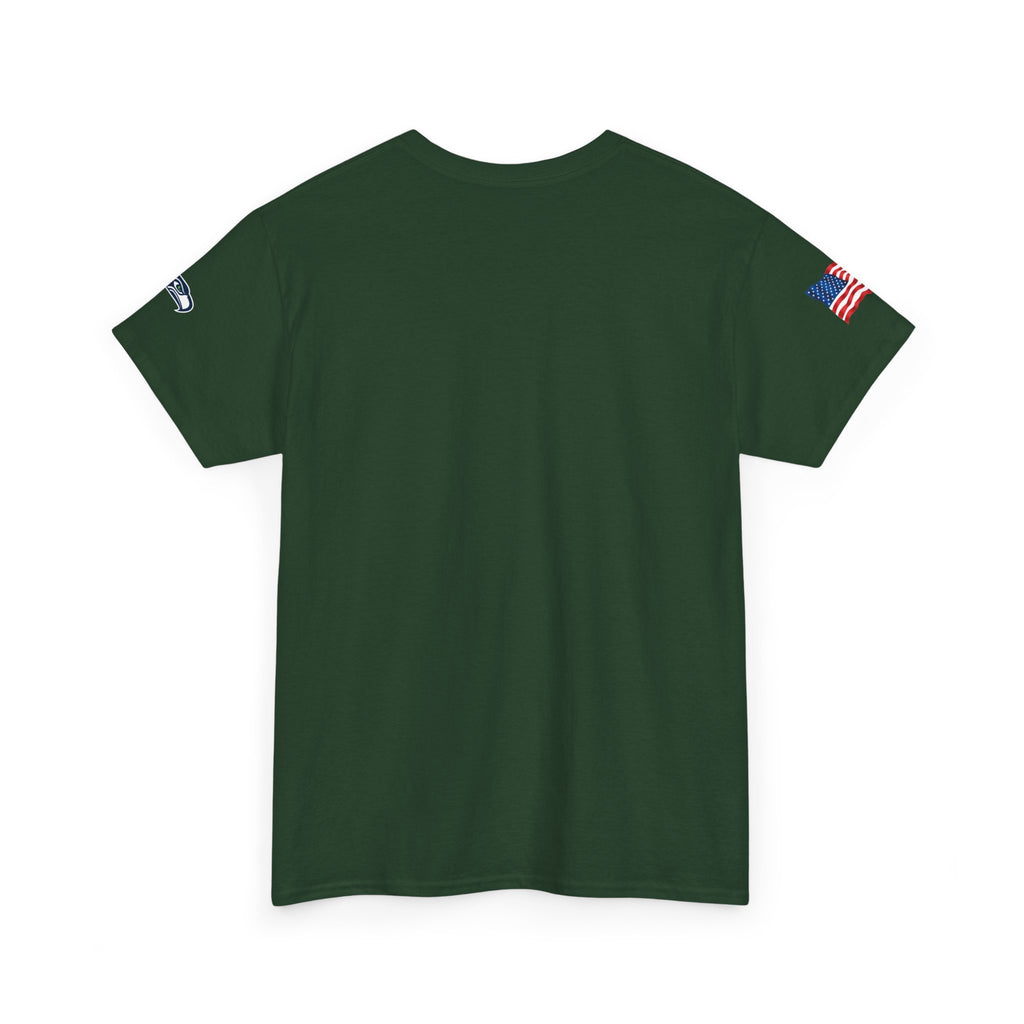 Suzuki Logo White Tee — Small Chest Emblem with American Flag Sleeve