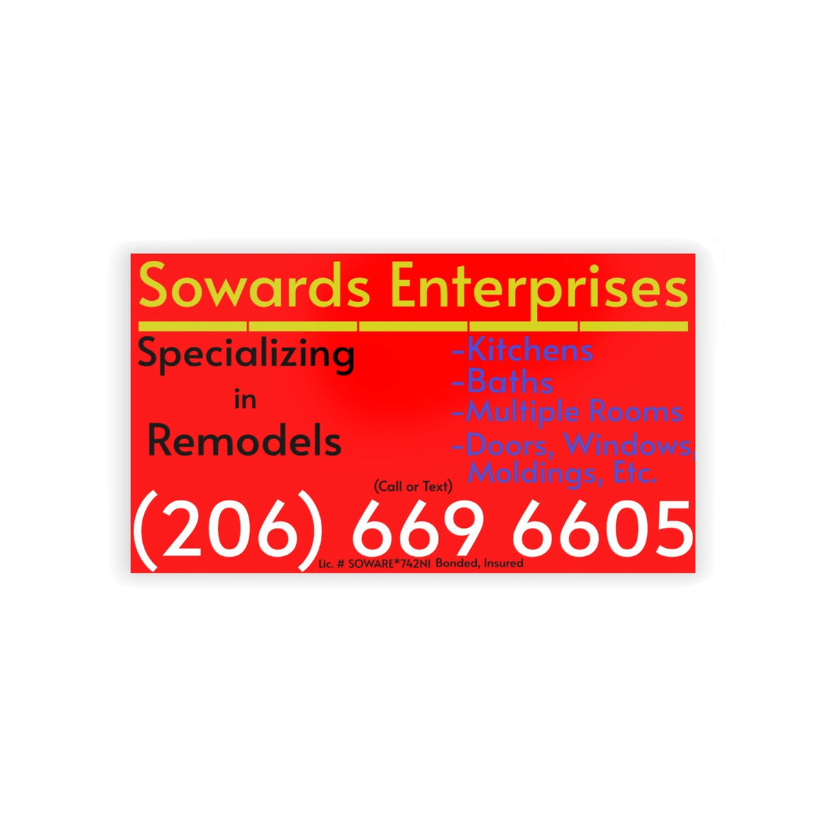 Red & Yellow Remodeling Business Cards — Sowards Enterprises (206-669-6605)