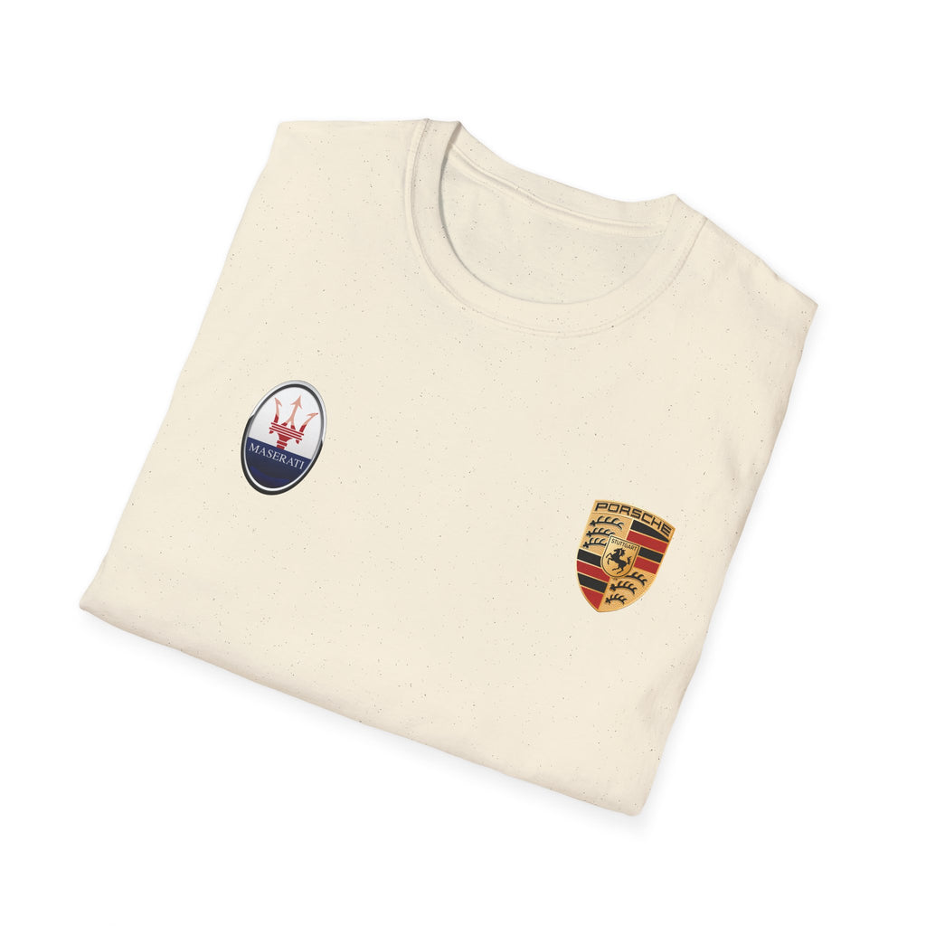 Car Crest Tee — Minimal Porsche & Maserati Badge Graphic T-Shirt