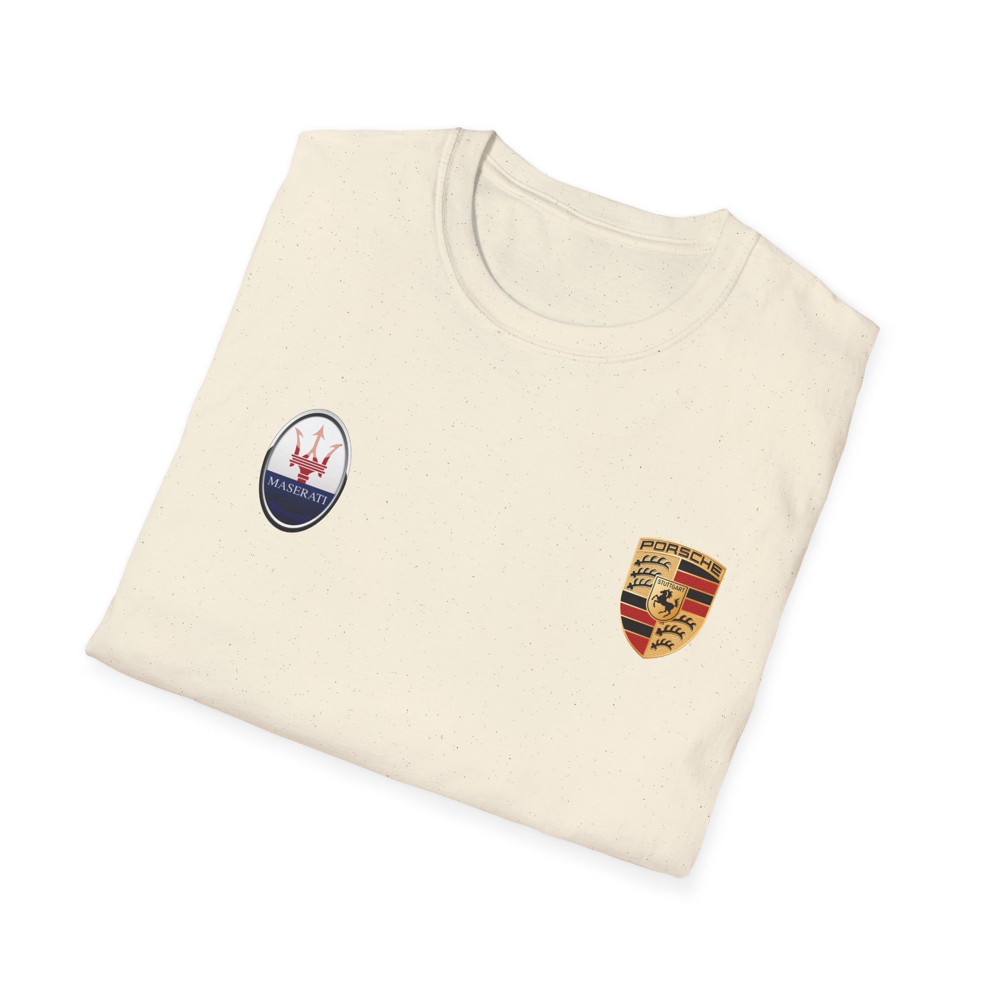 Car Crest Tee — Minimal Porsche & Maserati Badge Graphic T-Shirt
