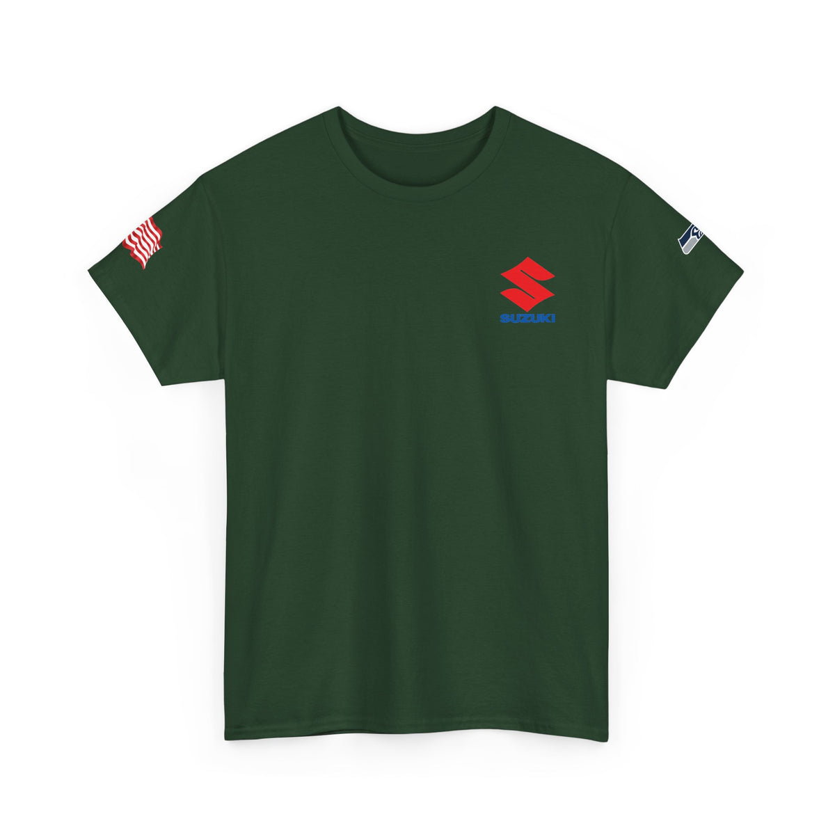Suzuki Logo White Tee — Small Chest Emblem with American Flag Sleeve