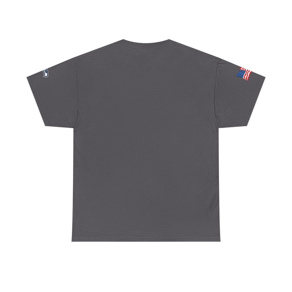 Suzuki Logo White Tee — Small Chest Emblem with American Flag Sleeve