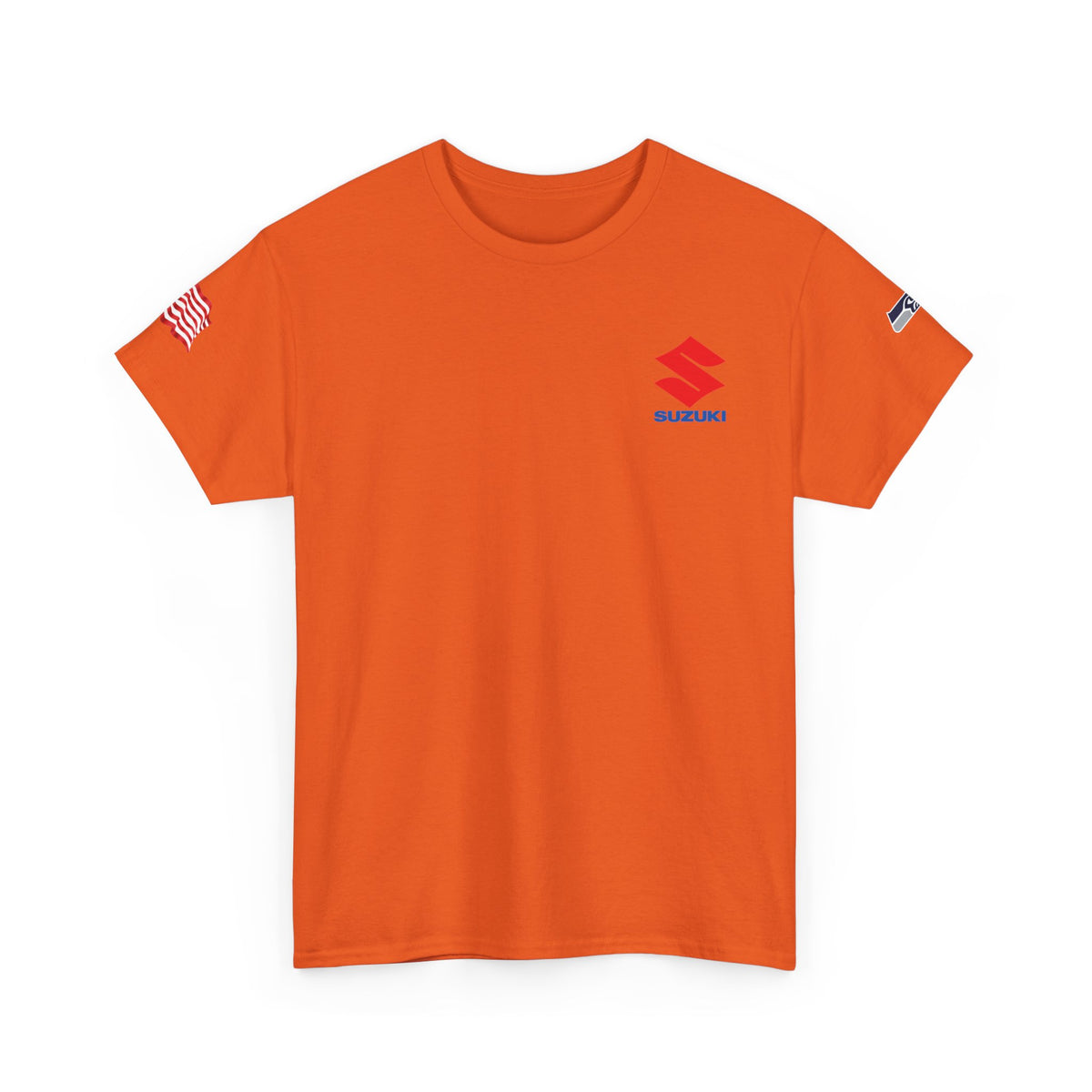 Suzuki Logo White Tee — Small Chest Emblem with American Flag Sleeve