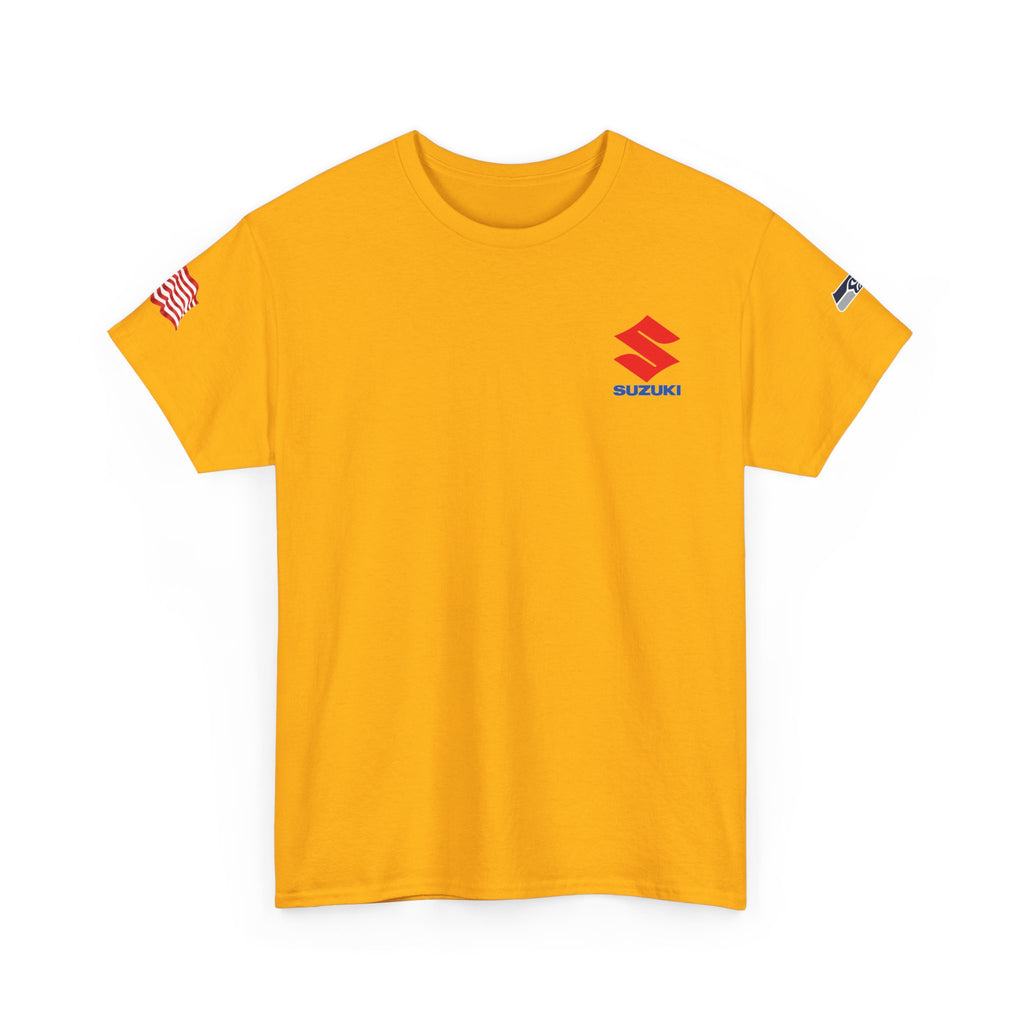 Suzuki Logo White Tee — Small Chest Emblem with American Flag Sleeve