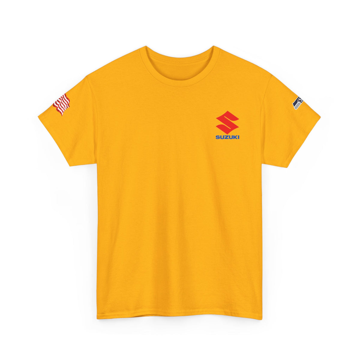Suzuki Logo White Tee — Small Chest Emblem with American Flag Sleeve