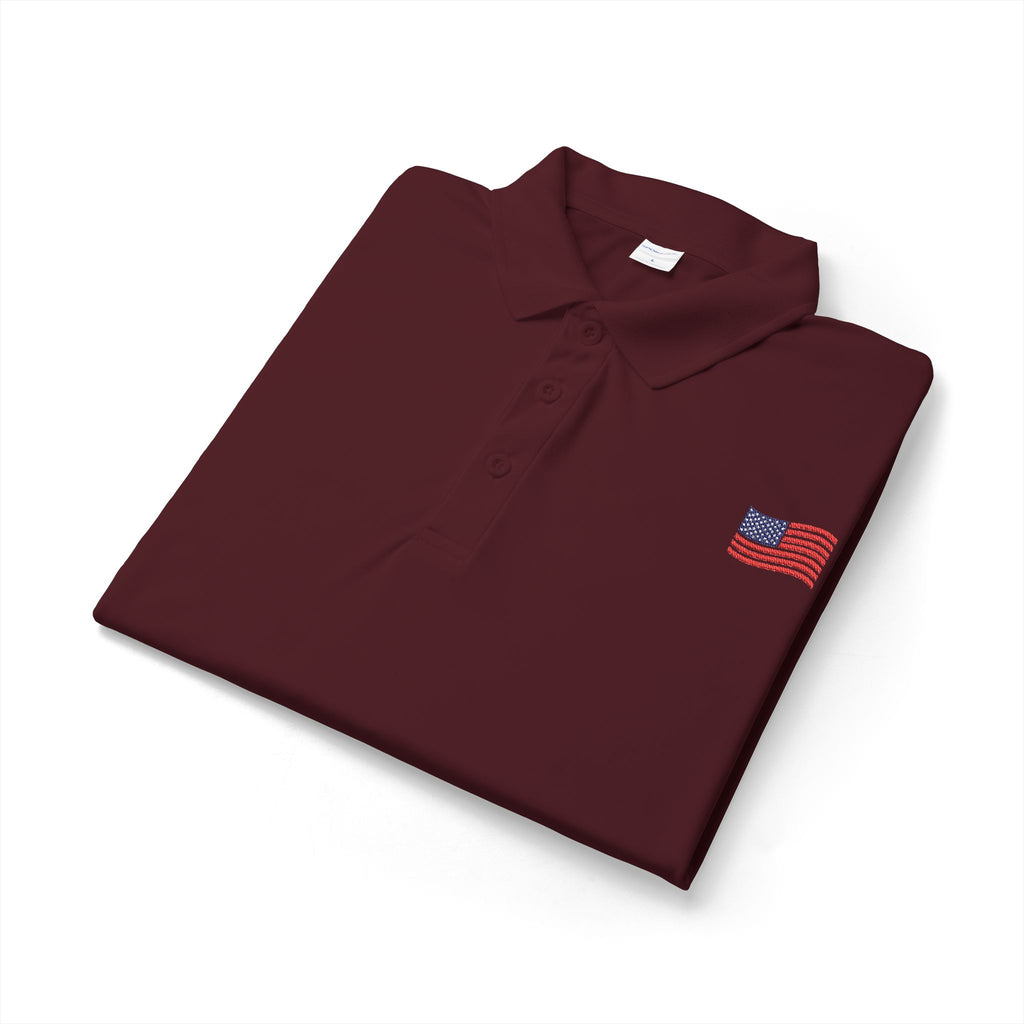 White Polo Shirt with Small American Flag Embroidery — Patriotic Performance Polo