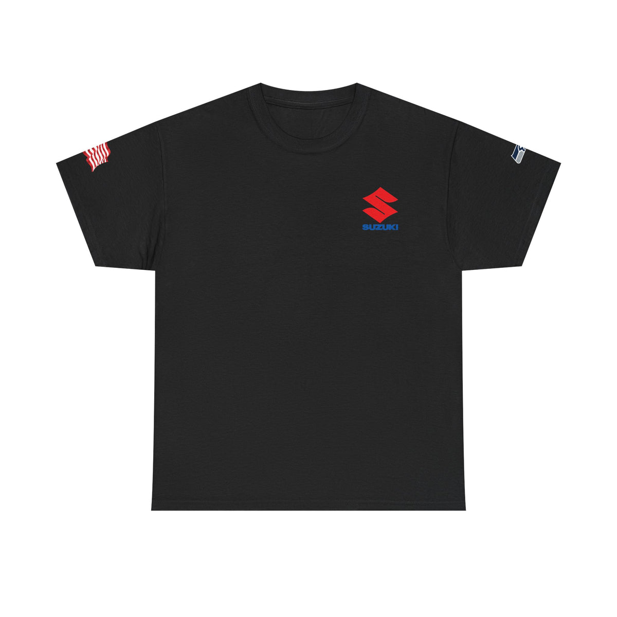 Suzuki Logo White Tee — Small Chest Emblem with American Flag Sleeve