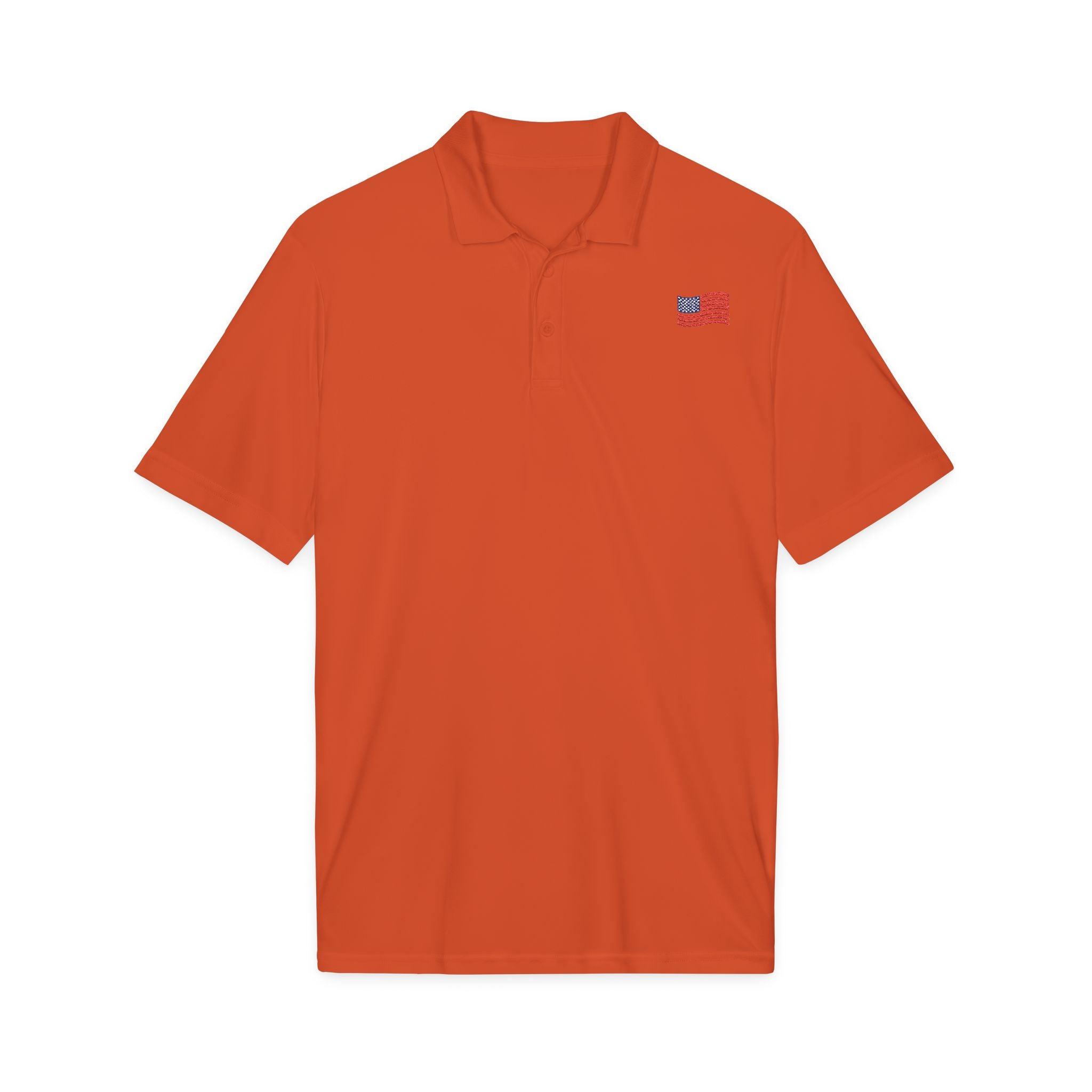 White Polo Shirt with Small American Flag Embroidery — Patriotic Performance Polo
