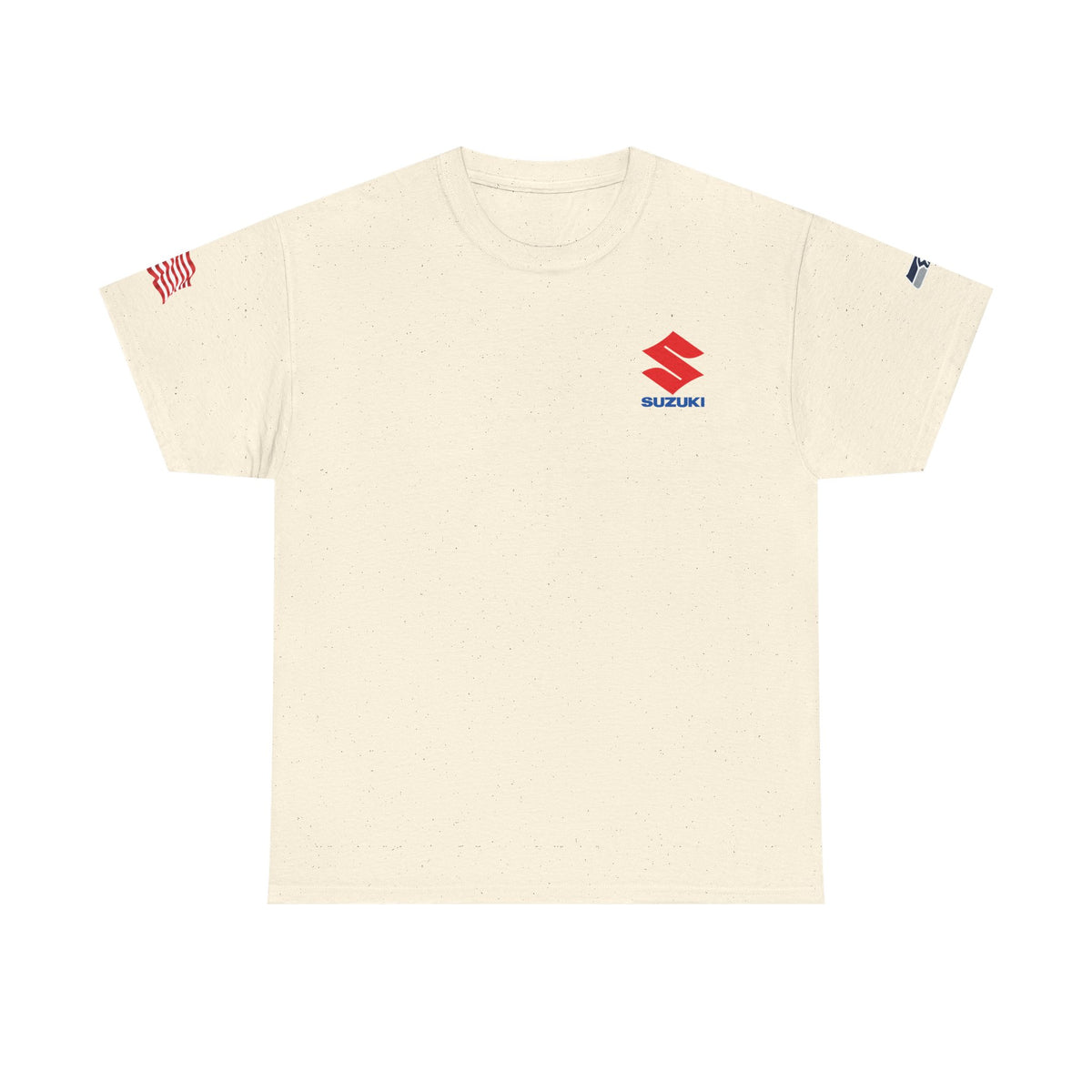 Suzuki Logo White Tee — Small Chest Emblem with American Flag Sleeve