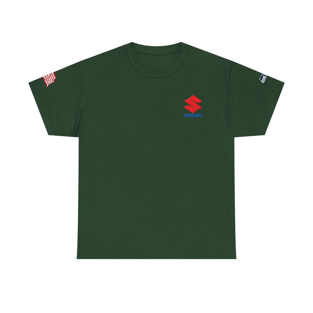 Suzuki Logo White Tee — Small Chest Emblem with American Flag Sleeve